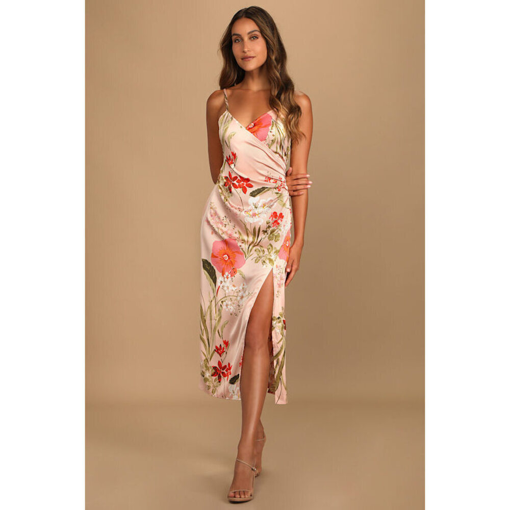 Lulus Remarkable Entrance Pink Floral Print Satin Midi Dress - Size XL